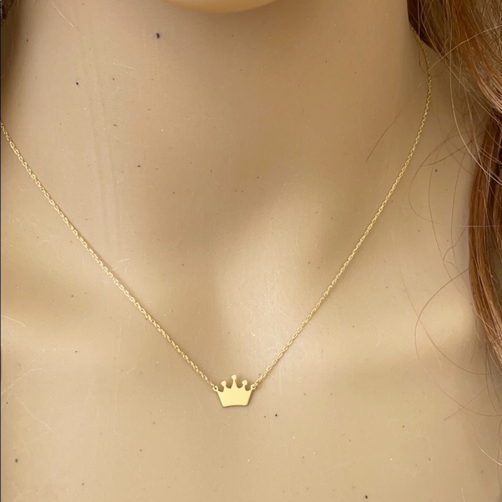 14K Solid Yellow Gold Mini Crown Center Dainty Necklace